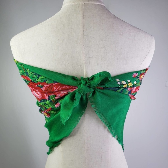 Vintage Challis Square Scarf Green Pink Floral - Picture 3 of 8